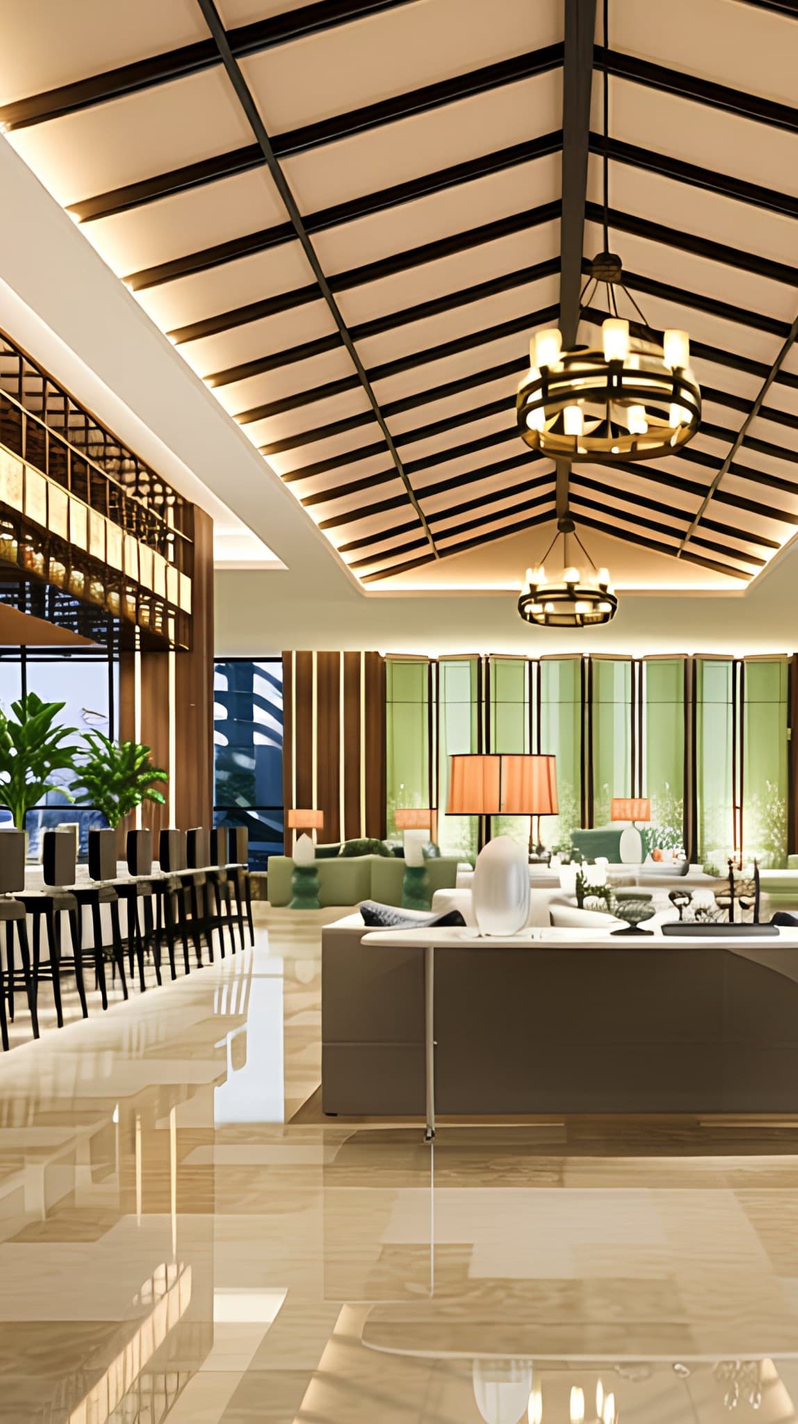 The lobby and all-day dining room beneath a pitched timber ceiling