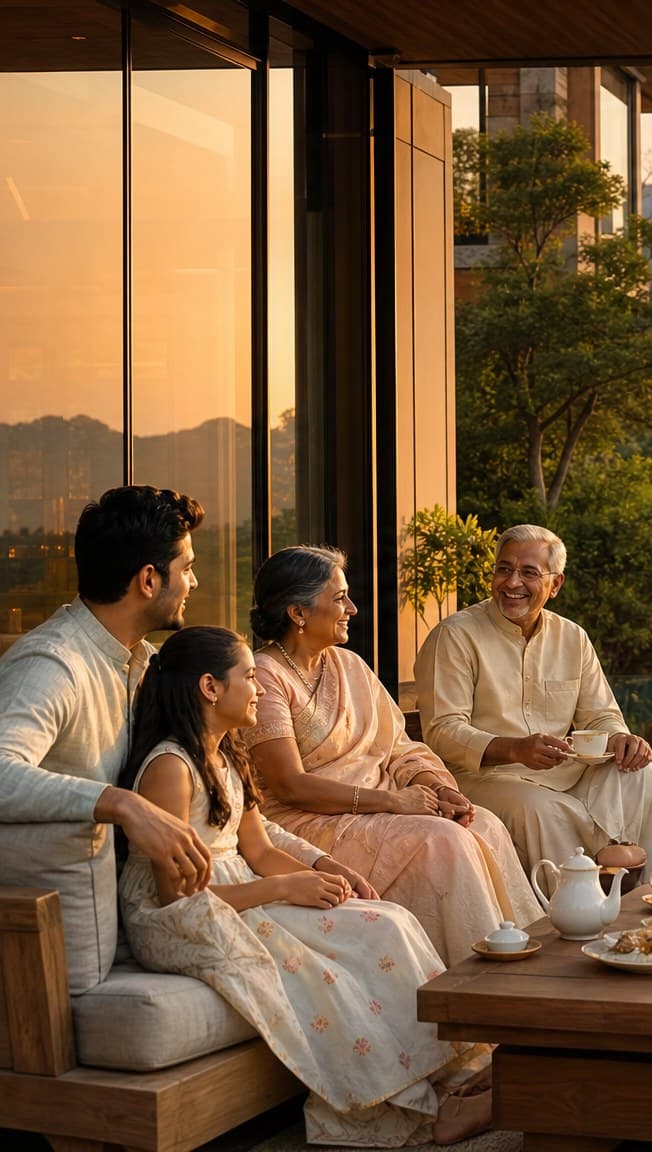 A family seated on a private grand balcony overlooking the grounds