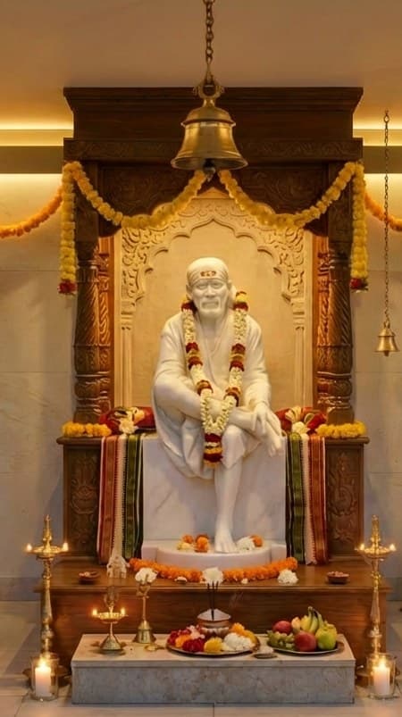 The shrine of Sai Baba, garlanded, with lamps lit before it